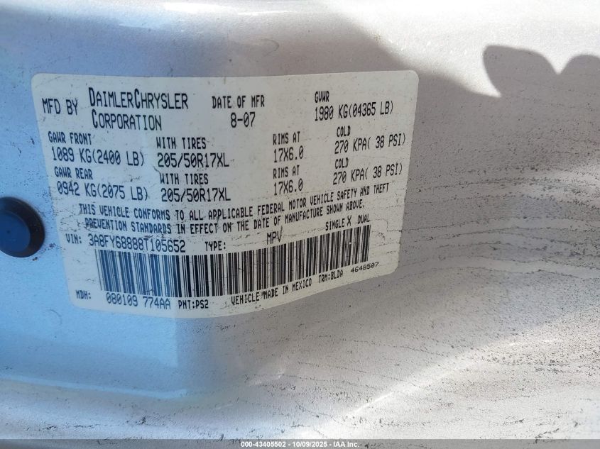 2008 Chrysler Pt Cruiser Limited VIN: 3A8FY68888T105652 Lot: 43405502