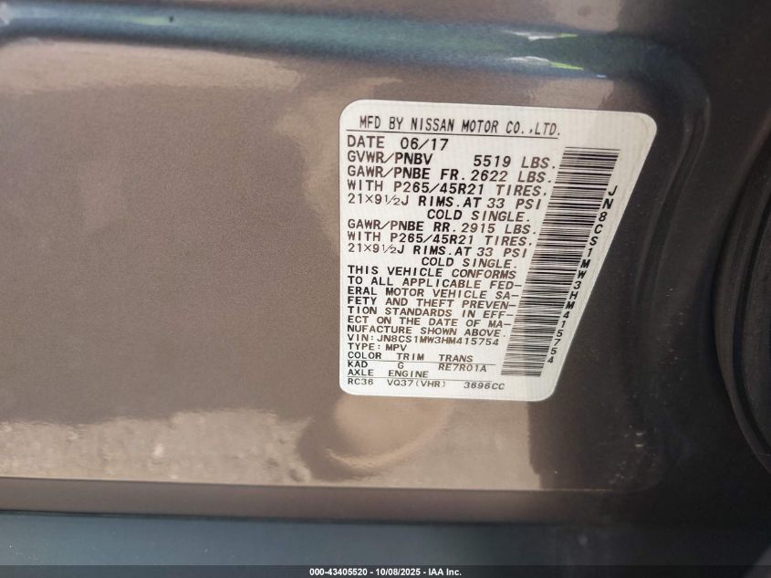 2017 Infiniti Qx70 VIN: JN8CS1MW3HM415754 Lot: 43405520