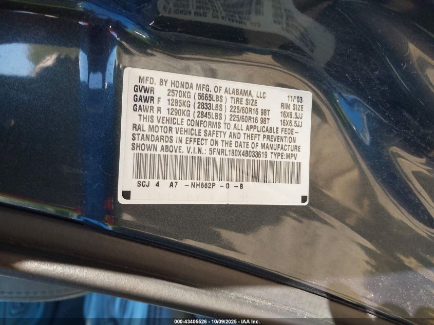 2004 Honda Odyssey Ex-L VIN: 5FNRL180X4B033619 Lot: 43405526