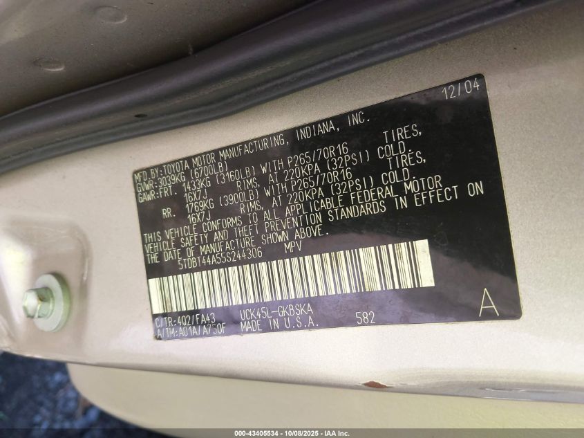 2005 Toyota Sequoia Sr5 V8 VIN: 5TDBT44A55S244306 Lot: 43405534