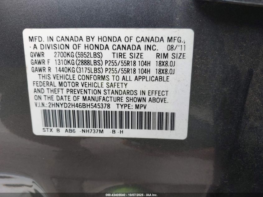 2011 Acura Mdx Technology Package VIN: 2HNYD2H46BH545378 Lot: 43405540