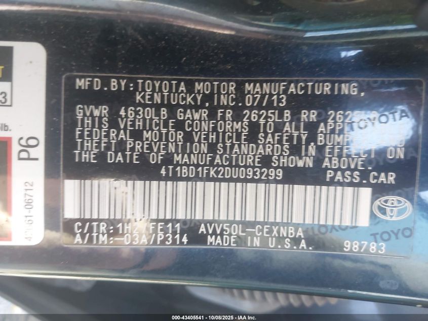2013 Toyota Camry Hybrid Le VIN: 4T1BD1FK2DU093299 Lot: 43405541