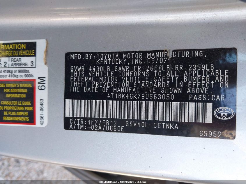 2008 Toyota Camry Le V6 VIN: 4T1BK46K78U563050 Lot: 43405547