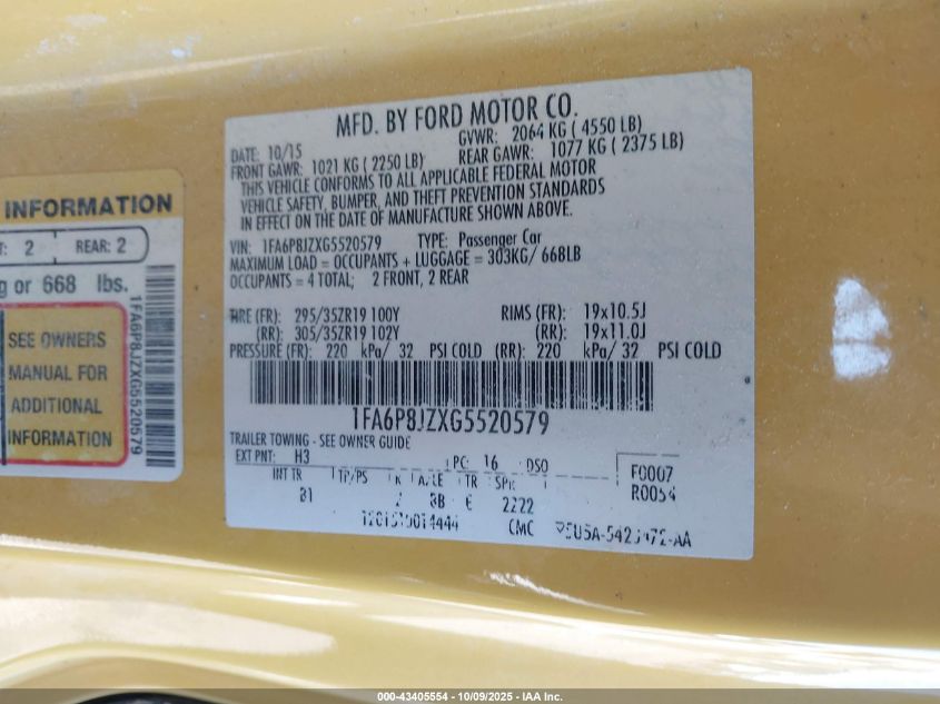 2016 Ford Shelby Gt350 VIN: 1FA6P8JZXG5520579 Lot: 43405554