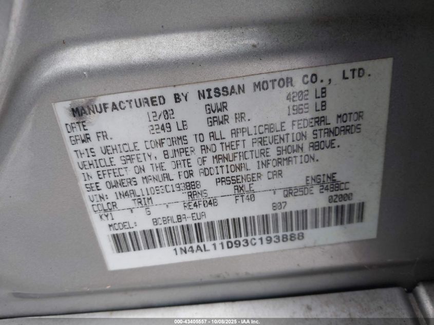 2003 Nissan Altima 2.5 S VIN: 1N4AL11D93C193888 Lot: 43405557
