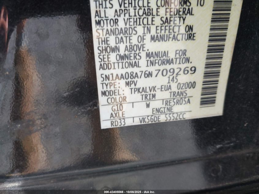 2006 Nissan Armada Le VIN: 5N1AA08A76N709269 Lot: 43405566