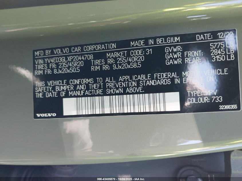 2023 Volvo C40 Recharge Pure Electric Twin Plus VIN: YV4ED3GLXP2044708 Lot: 43405570