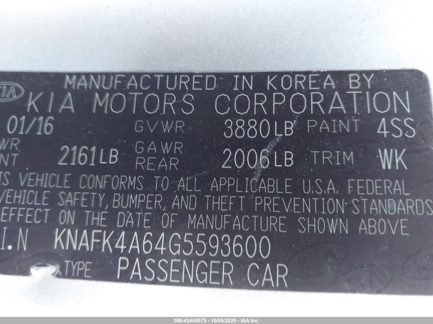 2016 Kia Forte Lx VIN: KNAFK4A64G5593600 Lot: 43405575