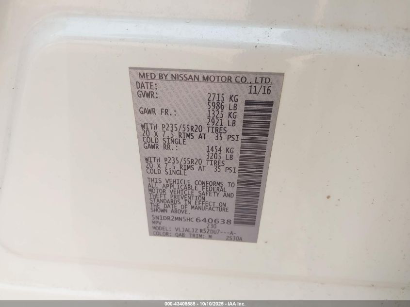 2017 Nissan Pathfinder Platinum VIN: 5N1DR2MN5HC640638 Lot: 43405585