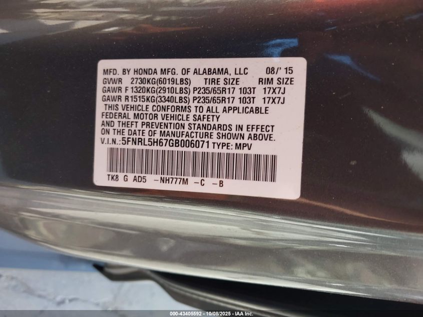 2016 Honda Odyssey Ex-L VIN: 5FNRL5H67GB006071 Lot: 43405592