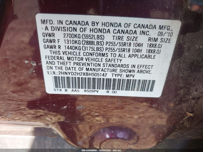 2011 Acura Mdx VIN: 2HNYD2H2XBH505142 Lot: 43405598