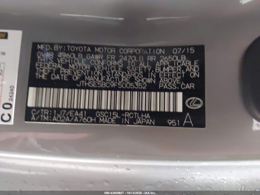 2015 Lexus Rc 350 VIN: JTHSE5BC9F5005352 Lot: 43405607