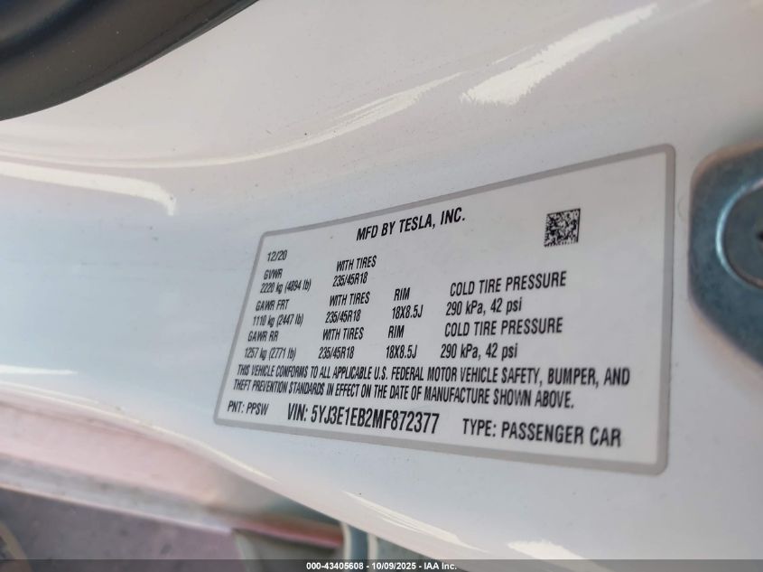 2021 Tesla Model 3 Long Range Dual Motor All-Wheel Drive VIN: 5YJ3E1EB2MF872377 Lot: 43405608