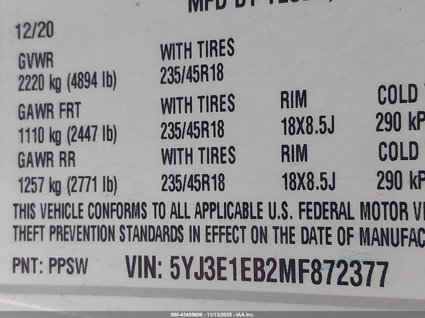 2021 Tesla Model 3 Long Range Dual Motor All-Wheel Drive VIN: 5YJ3E1EB2MF872377 Lot: 43405608
