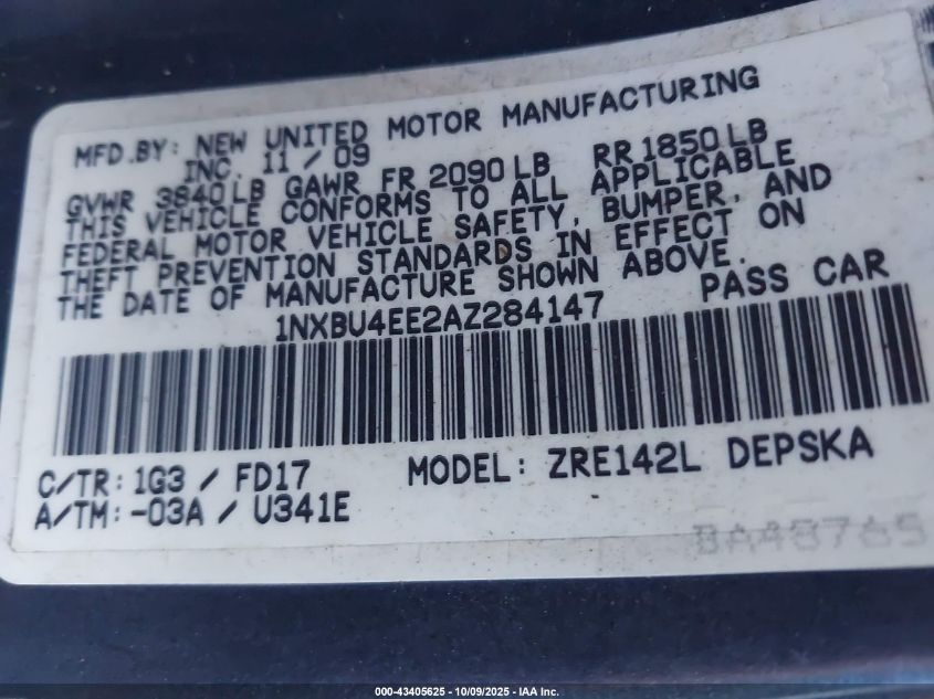 2010 Toyota Corolla S VIN: 1NXBU4EE2AZ284147 Lot: 43405625