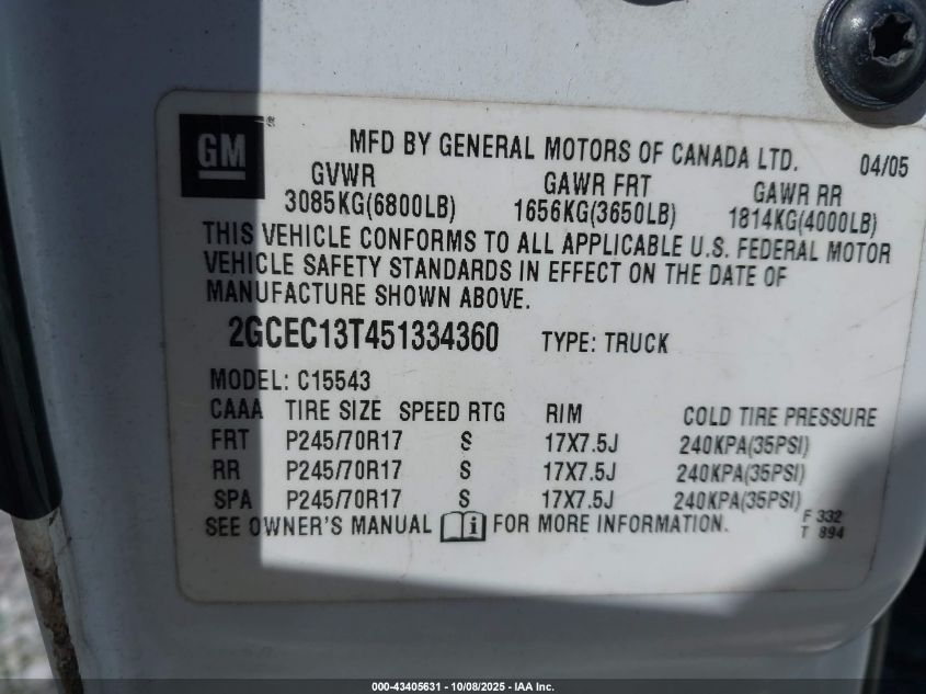 2005 Chevrolet Silverado 1500 Ls VIN: 2GCEC13T451334360 Lot: 43405631