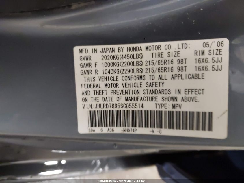2006 Honda Cr-V Se VIN: JHLRD78956C055514 Lot: 43405632