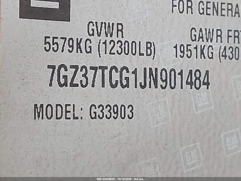 2018 GMC Savana Cutaway Work Van VIN: 7GZ37TCG1JN901484 Lot: 43405639