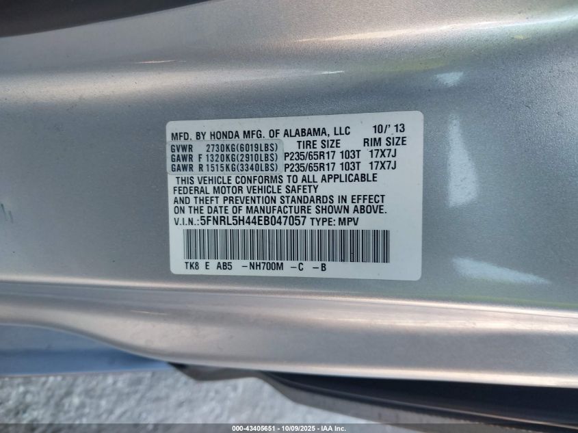 2014 Honda Odyssey Ex VIN: 5FNRL5H44EB047057 Lot: 43405651