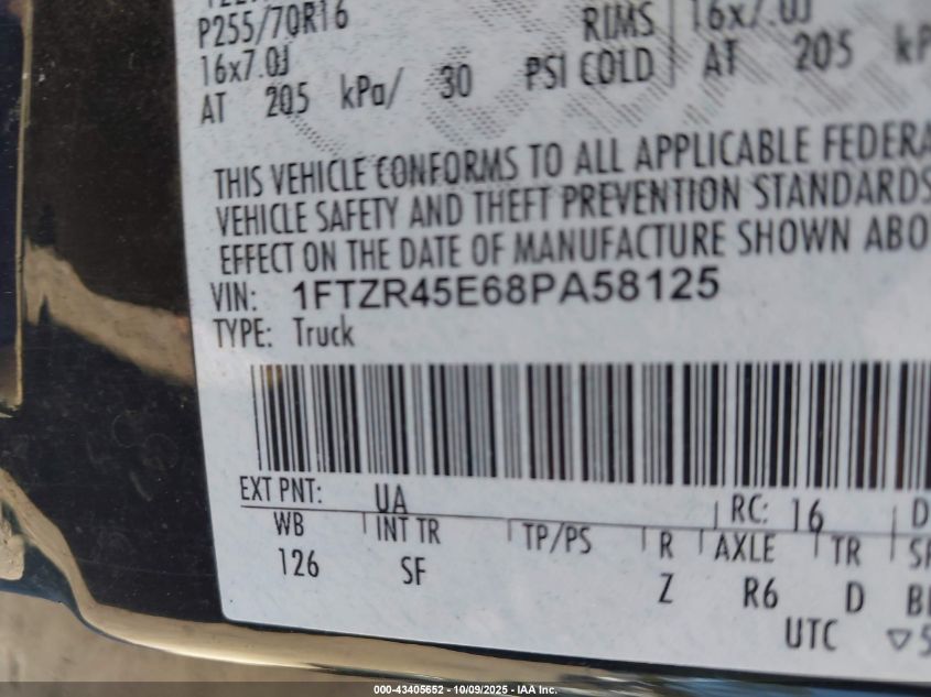 2008 Ford Ranger Fx4 Off-Road/Sport/Xlt VIN: 1FTZR45E68PA58125 Lot: 43405652