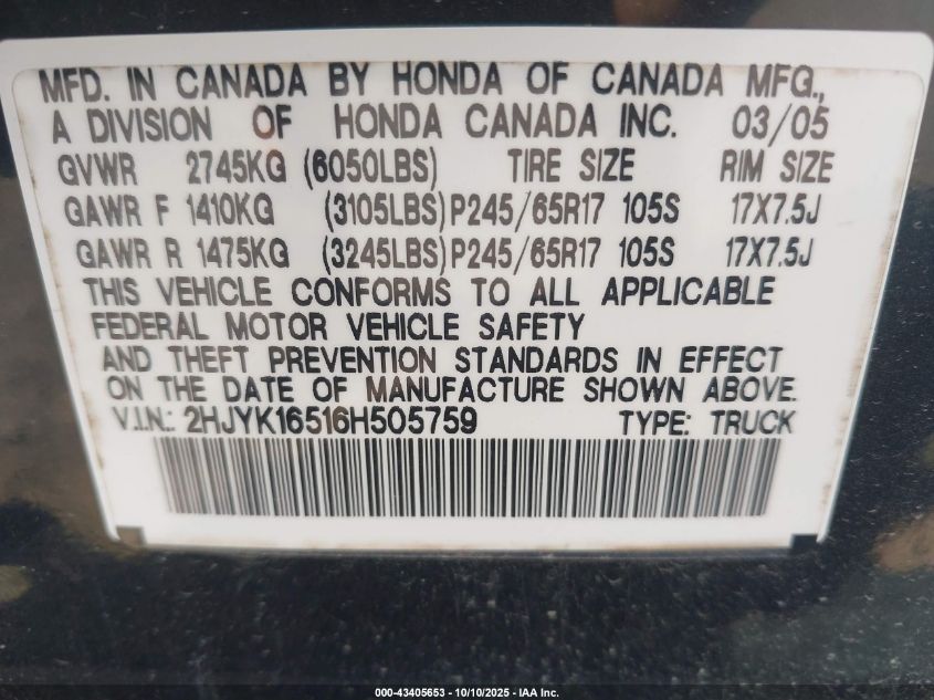 2006 Honda Ridgeline Rtl VIN: 2HJYK16516H505759 Lot: 43405653