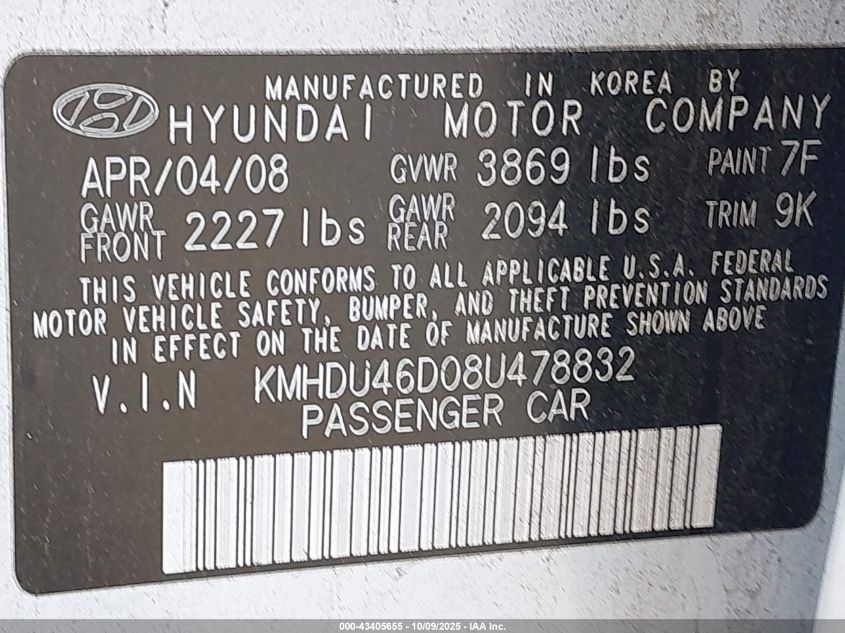 2008 Hyundai Elantra Gls/Se VIN: KMHDU46D08U478832 Lot: 43405655