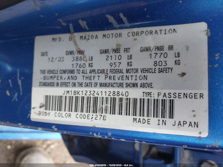 2004 Mazda Mazda3 S VIN: JM1BK123241128840 Lot: 43405658