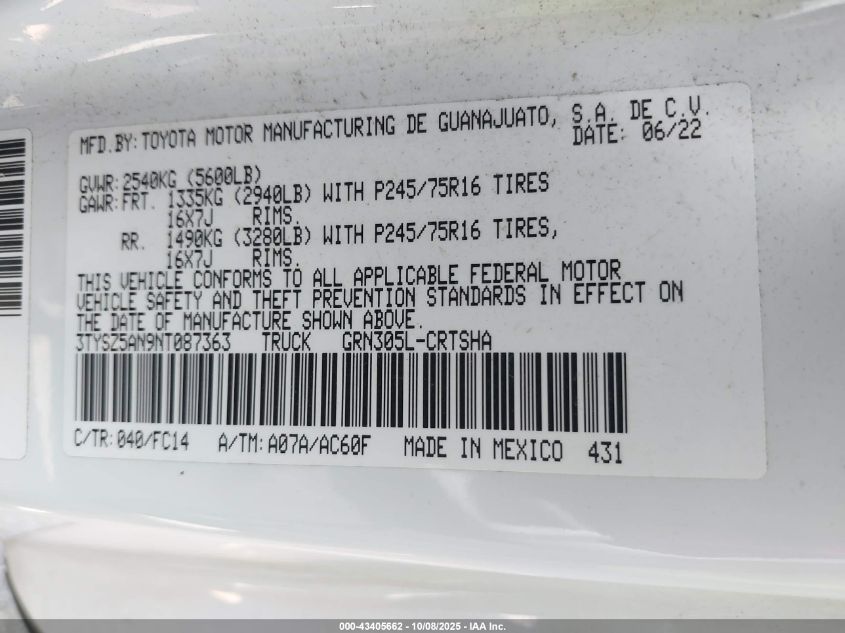 2022 Toyota Tacoma Sr5 V6 VIN: 3TYSZ5AN9NT087363 Lot: 43405662