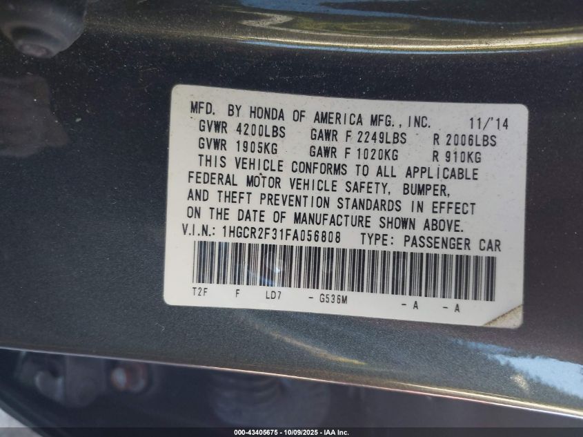 2015 Honda Accord Lx VIN: 1HGCR2F31FA056808 Lot: 43405675