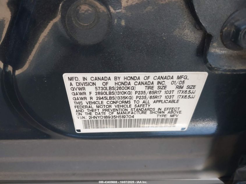2005 Acura Mdx VIN: 2HNYD18935H519704 Lot: 43405688