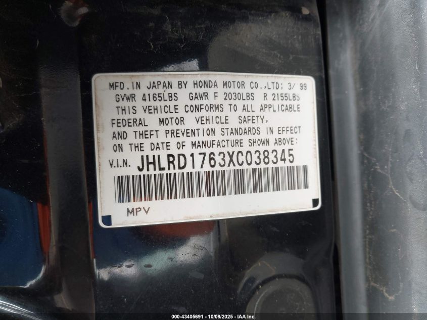 1999 Honda Cr-V Ex VIN: JHLRD1763XC038345 Lot: 43405691