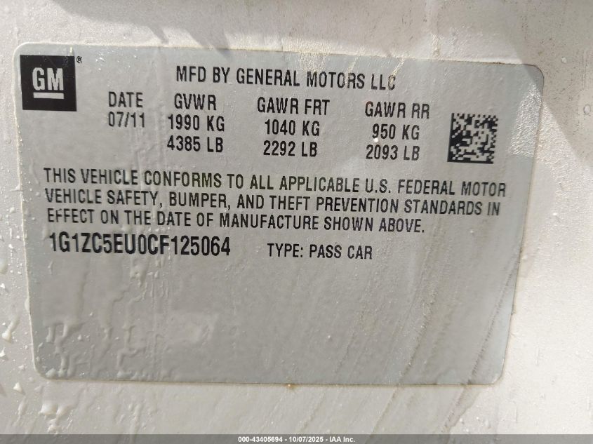 2012 Chevrolet Malibu 1Lt VIN: 1G1ZC5EU0CF125064 Lot: 43405694