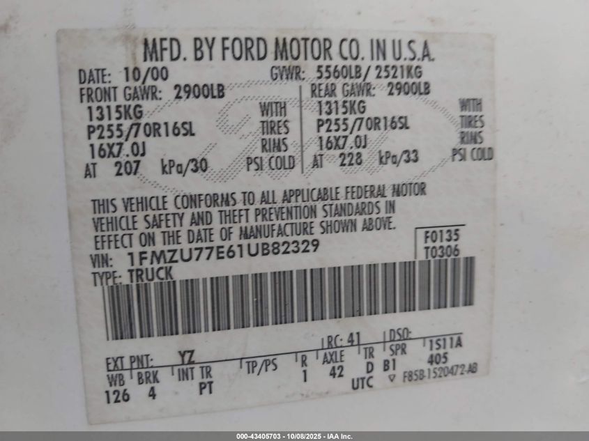 2001 Ford Explorer Sport Trac VIN: 1FMZU77E61UB82329 Lot: 43405703