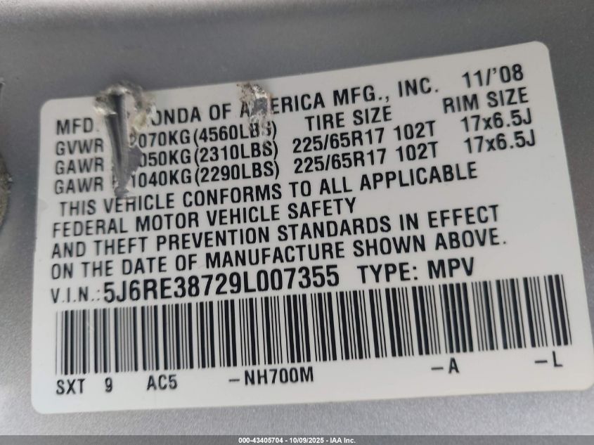 2009 Honda Cr-V Ex-L VIN: 5J6RE38729L007355 Lot: 43405704