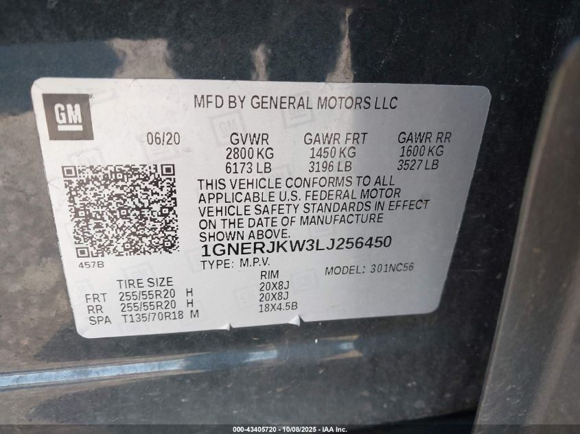 2020 Chevrolet Traverse Fwd Rs VIN: 1GNERJKW3LJ256450 Lot: 43405720