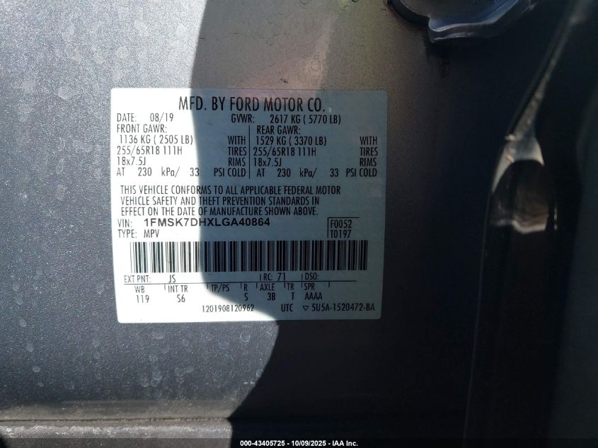 2020 Ford Explorer Xlt VIN: 1FMSK7DHXLGA40864 Lot: 43405725