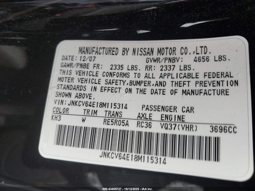 2008 Infiniti G37 Journey VIN: JNKCV64E18M115314 Lot: 43405727