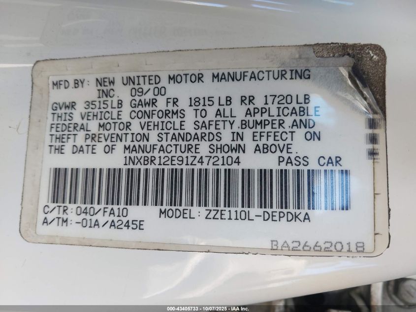 2001 Toyota Corolla Le VIN: 1NXBR12E91Z472104 Lot: 43405733