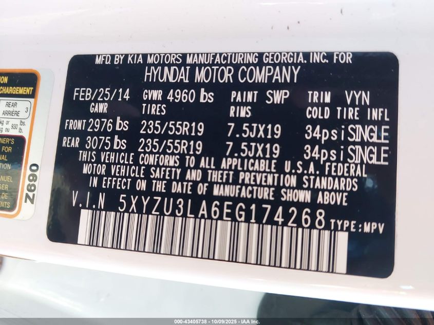 2014 Hyundai Santa Fe Sport 2.0L Turbo VIN: 5XYZU3LA6EG174268 Lot: 43405738