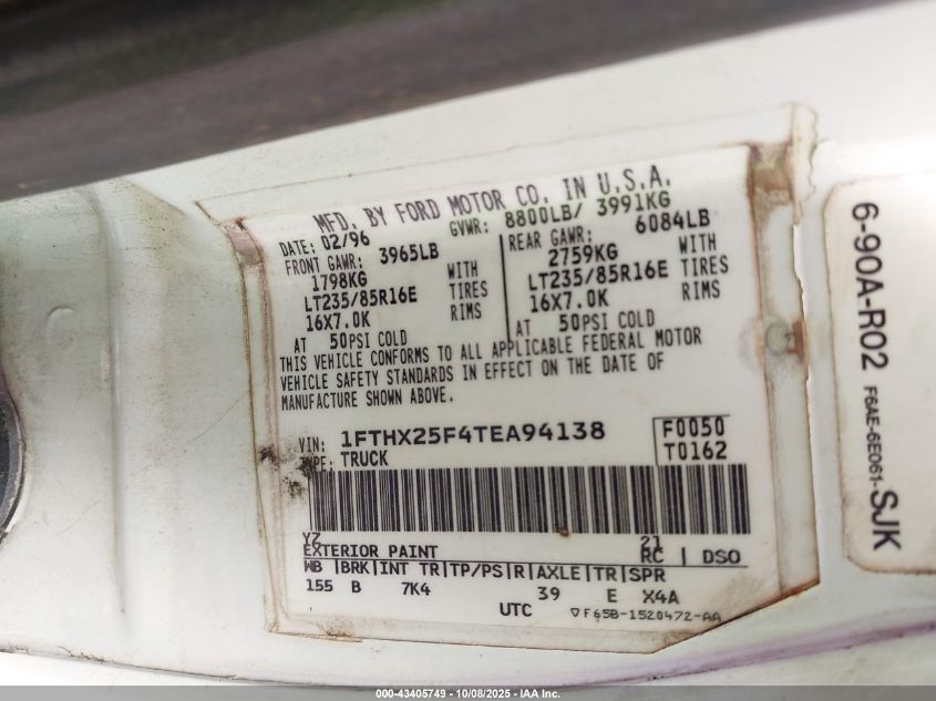 1996 Ford F250 VIN: 1FTHX25F4TEA94138 Lot: 43405749
