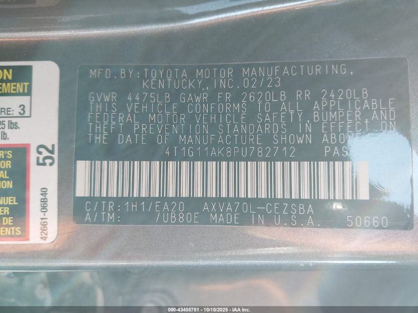 2023 Toyota Camry Se VIN: 4T1G11AK8PU782712 Lot: 43405751