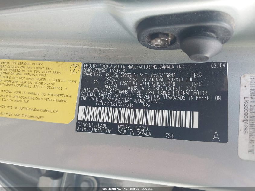 2004 Lexus Rx 330 VIN: 2T2HA31U84C017316 Lot: 43405757