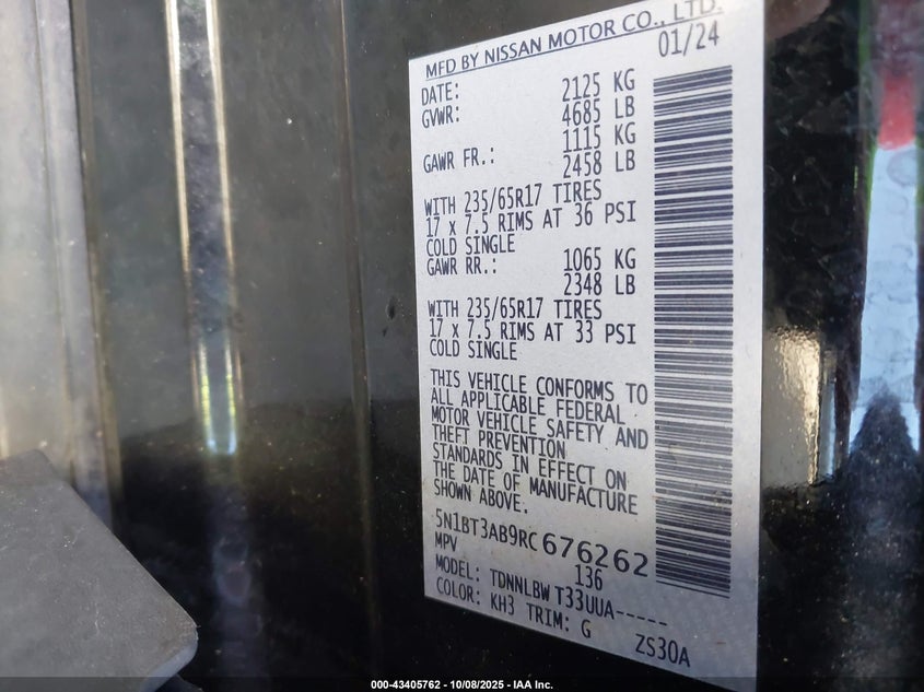 2024 Nissan Rogue S Intelligent Awd VIN: 5N1BT3AB9RC676262 Lot: 43405762