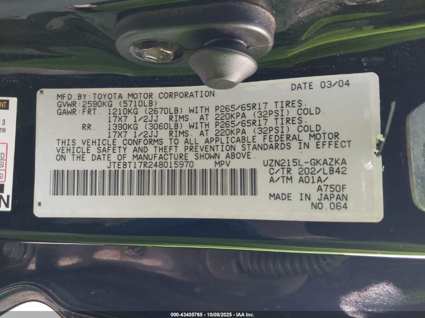 2004 Toyota 4Runner Limited V8 VIN: JTEBT17R248015970 Lot: 43405765