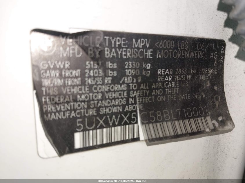 2011 BMW X3 xDrive28I VIN: 5UXWX5C58BL710001 Lot: 43405770