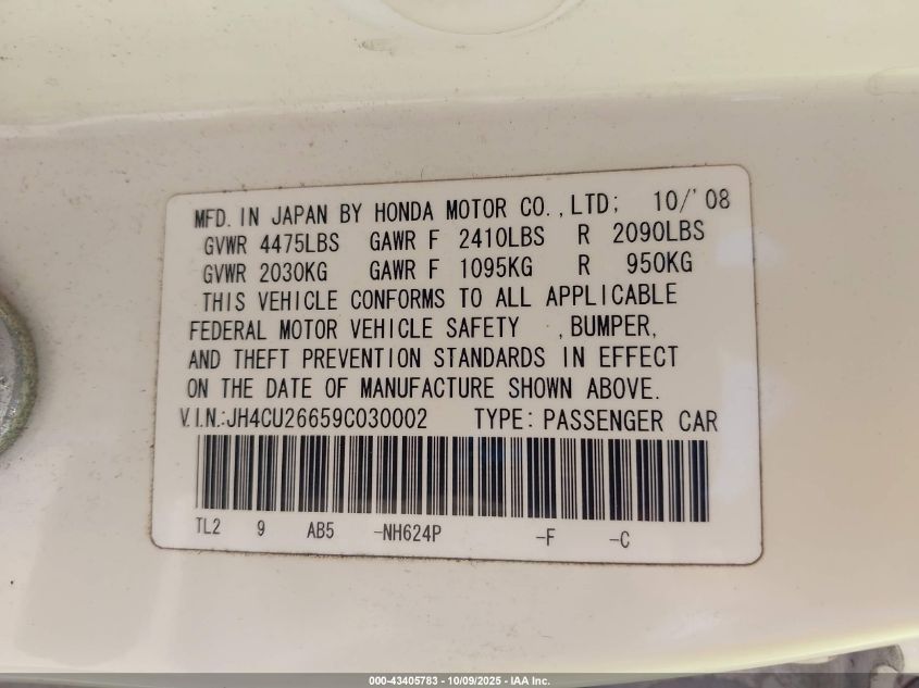 2009 Acura Tsx VIN: JH4CU26659C030002 Lot: 43405783