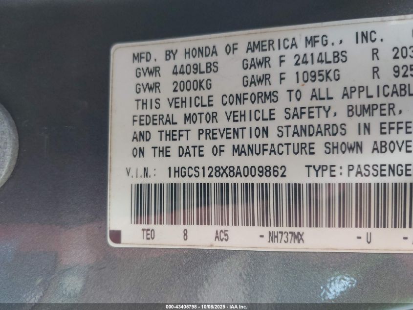 2008 Honda Accord 2.4 Ex-L VIN: 1HGCS128X8A009862 Lot: 43405798