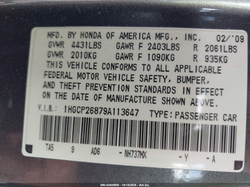 2009 Honda Accord 2.4 Ex-L VIN: 1HGCP26879A113647 Lot: 43405800