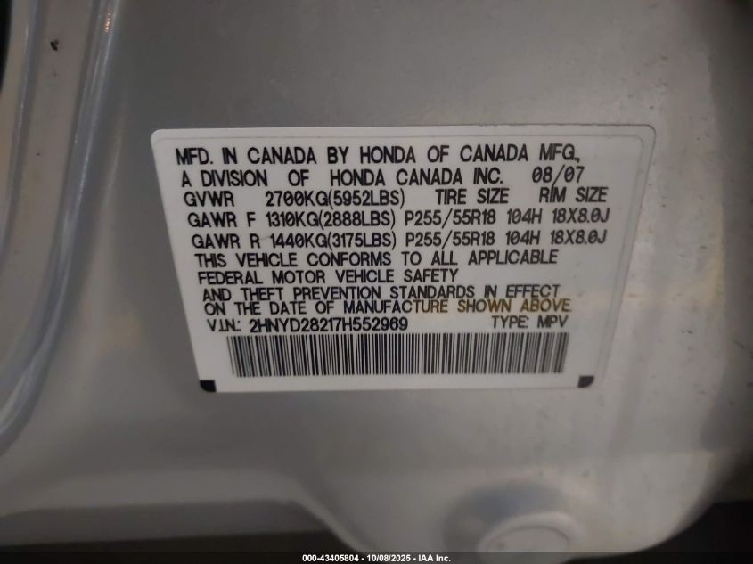 2007 Acura Mdx VIN: 2HNYD28217H552969 Lot: 43405804