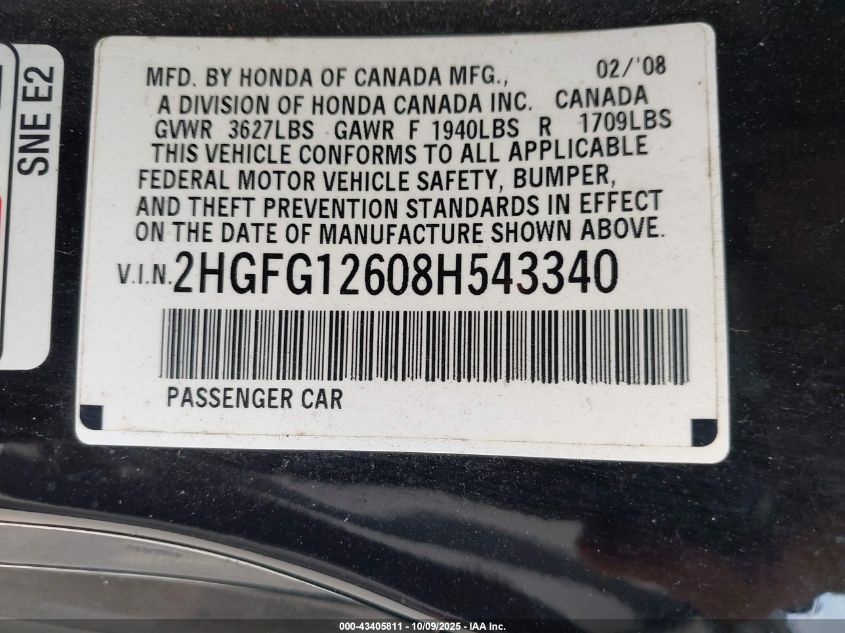 2008 Honda Civic Lx VIN: 2HGFG12608H543340 Lot: 43405811